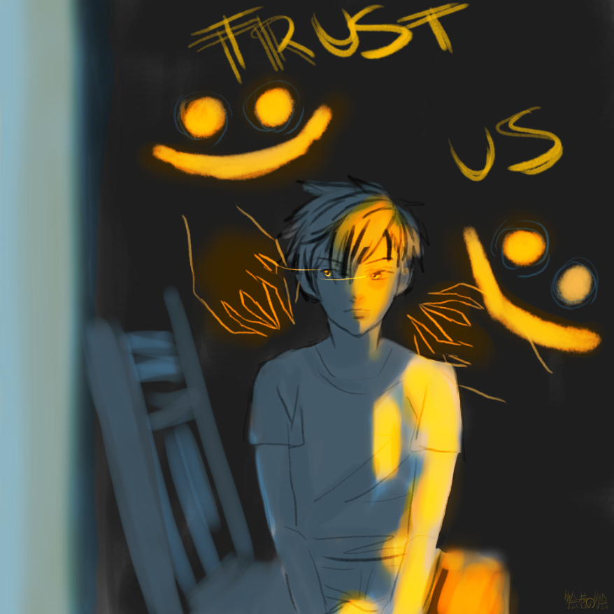 A child sits in a chair with lurking shadows behind saying "trust us"
